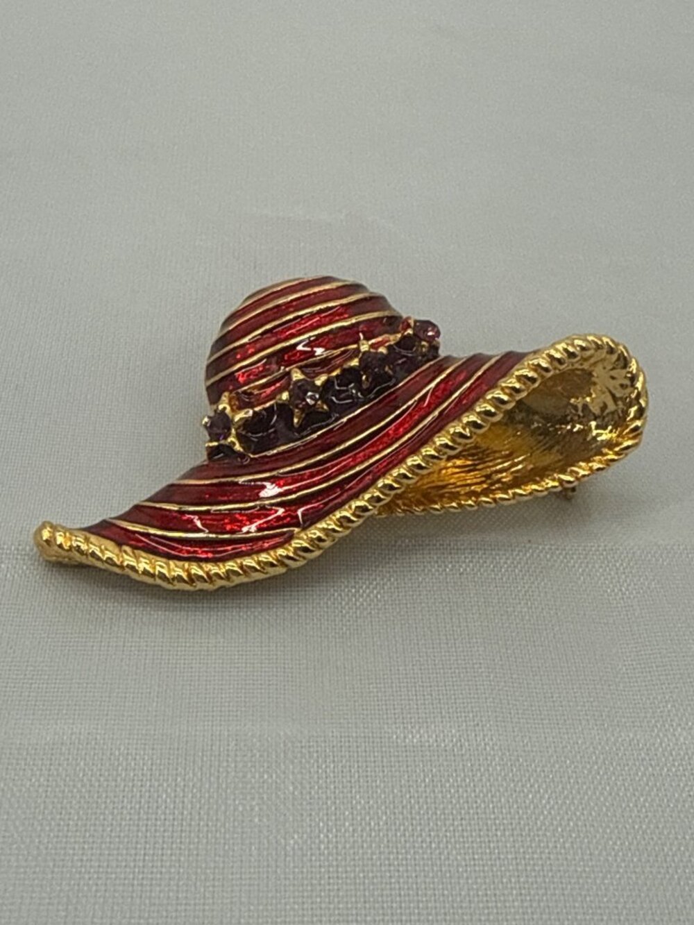 Vintage Red Hat Society Enamel Brooch Gold Tone Purple Rhinestone Hat Pin